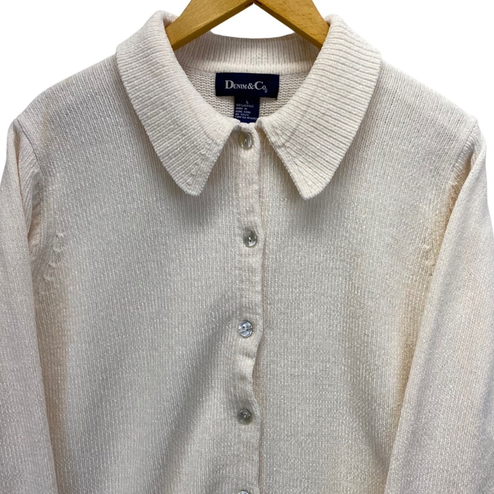 DENIM‎ & CO Cream Chenille Collared Button Up Cardigan Sweater Women Size Large